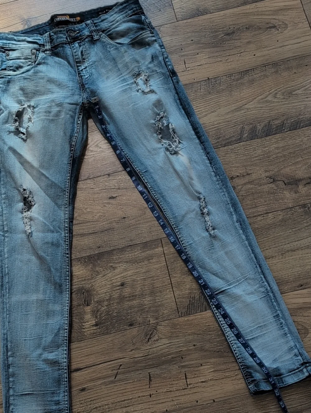 Copper Rivet Slim Fit Jeans, Distressed, Light Wash Blue Denim, Men's 32x32
